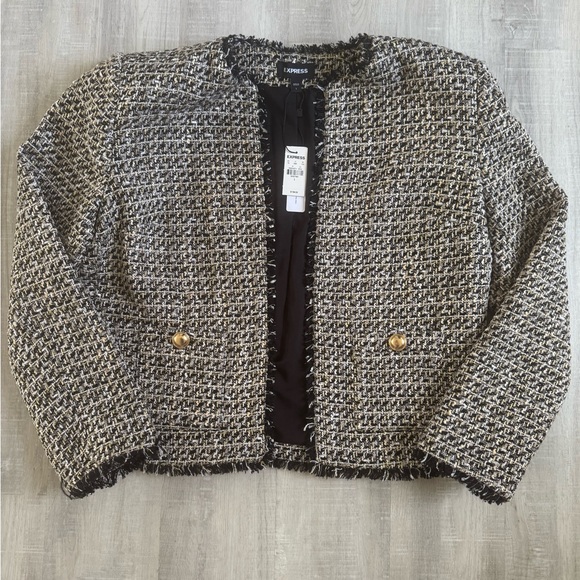 Express Jackets & Blazers - Express Tweed Collarless Fringe-Trim Jacket